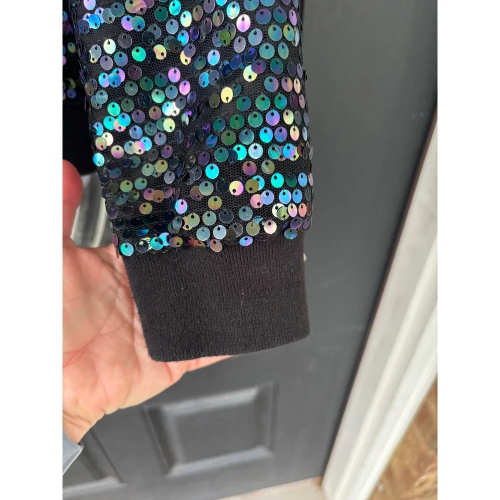D-Signed Disney‎ Girls Iridescent Sequin Bomber Jacket Hooded Zip Up Black Med M